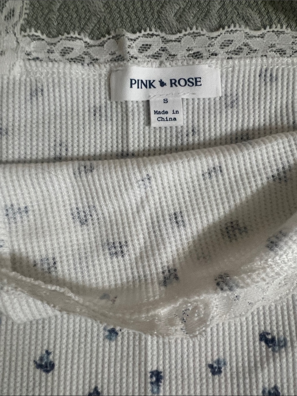 Pink Rose White Ribbed Camisole with Blue Floral Print and Lace Trim - Picture 2 of 3